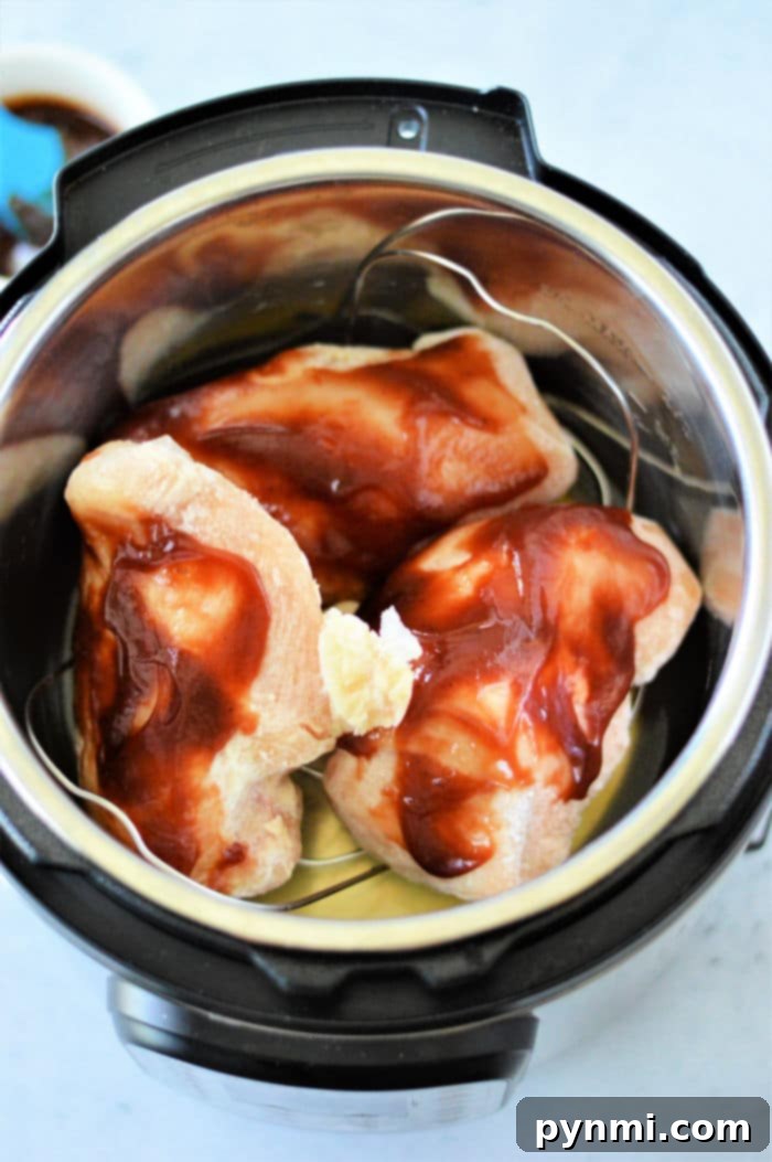 Frozen Chicken Breast in a pressure cooker with sauce poured over, ready for cooking.