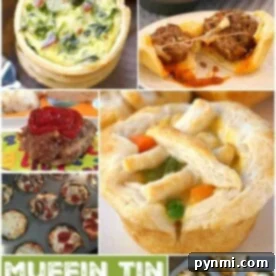 A collage of muffin tin meals and desserts showcasing delectable creations like vegetable quiche, a savory meatball dish, frosted cupcake delights, pot pie packed with mixed veggies, and more. Text overlay reads Muffin Tin Recipes: Dinners & Desserts.