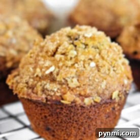 Wholesome Oatmeal Raisin Delights 5 A close-up of an oatmeal raisin muffin with a crumbly oat topping resting on a cooling rack.