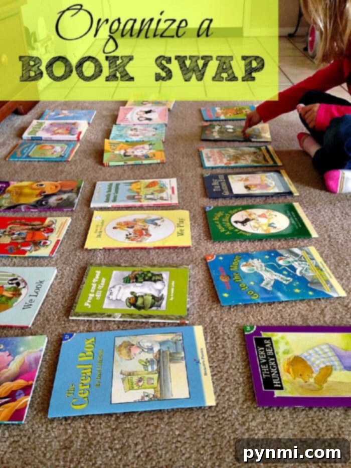 Kids enjoying a lively book swap party, exchanging books and laughing.