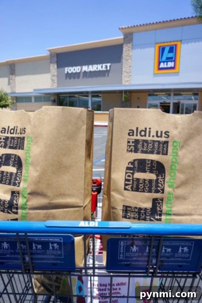 A shopping cart filled with brown paper bags from Aldi, illustrating smart, budget-friendly grocery shopping alongside a meal plan.