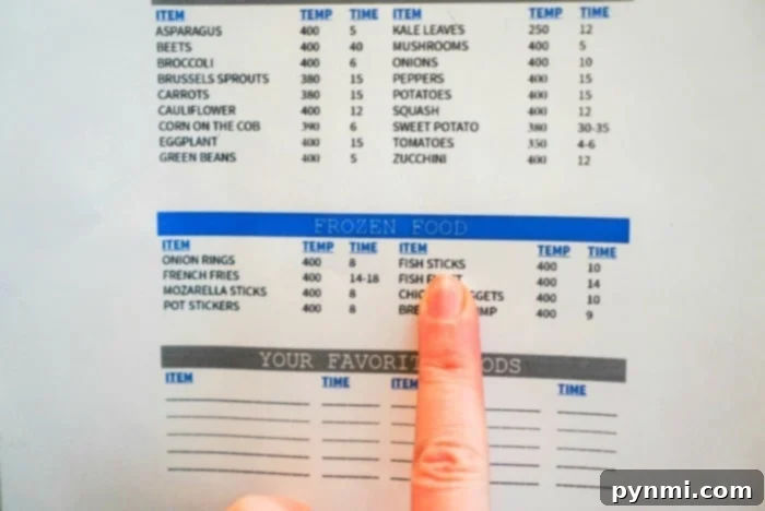 Air fryer cooking times printable next to a meal planner for quick meal prep.