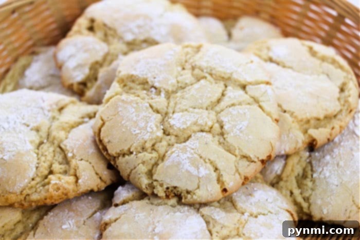 Delicious vanilla crinkle cookies covered in powdered sugar, highlighting the classic crinkle effect.