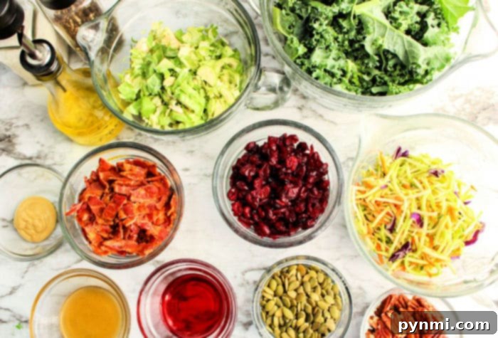 Close-up of a vibrant shredded Brussels sprout salad in a bowl, showing the texture of the sprouts and other colorful ingredients.