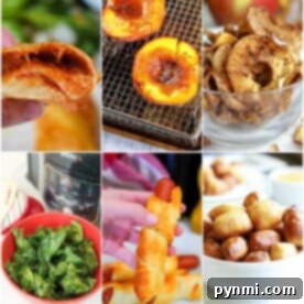 Collage of delicious air fryer snacks: pizza rolls, peaches, apple chips, kale chips, pigs in a blanket, and pretzel bites.