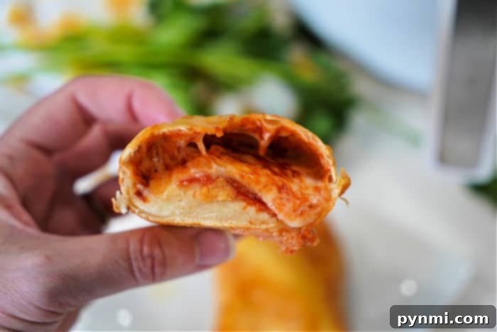 Homemade pizza hot pocket cooked in an air fryer.