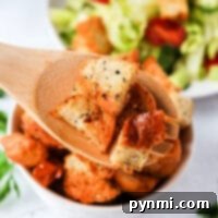 A wooden spoon holds perfectly seasoned air fryer croutons above a bowl, with a fresh salad lingering in the background.