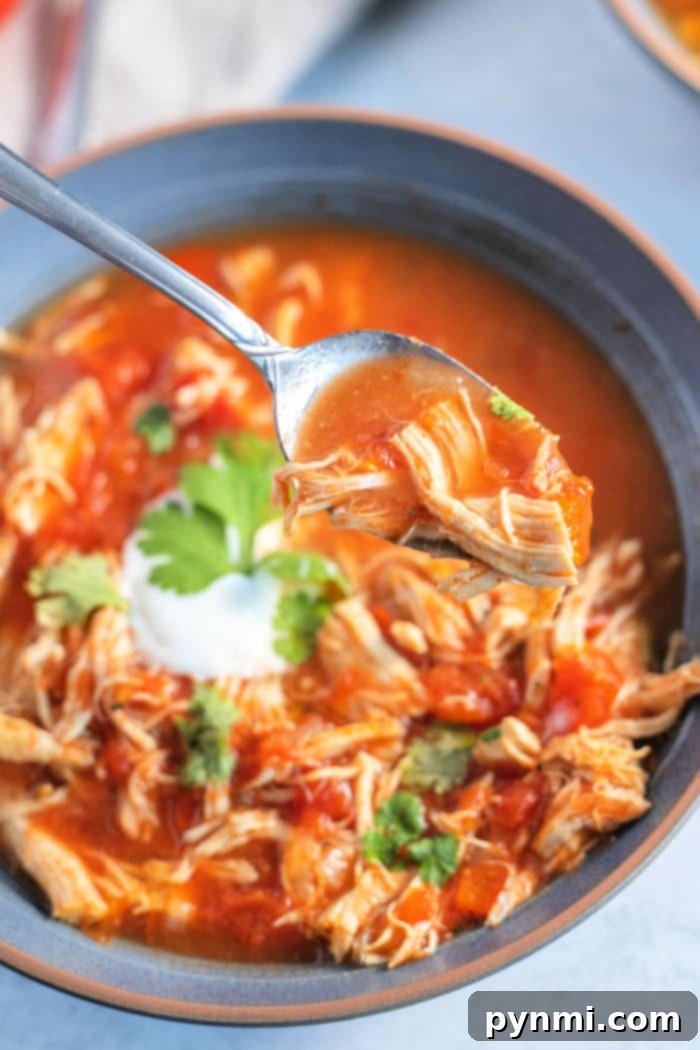 A steaming bowl of vibrant chicken fajita soup, garnished with fresh cilantro and a swirl of sour cream, promising a comforting and flavorful meal.