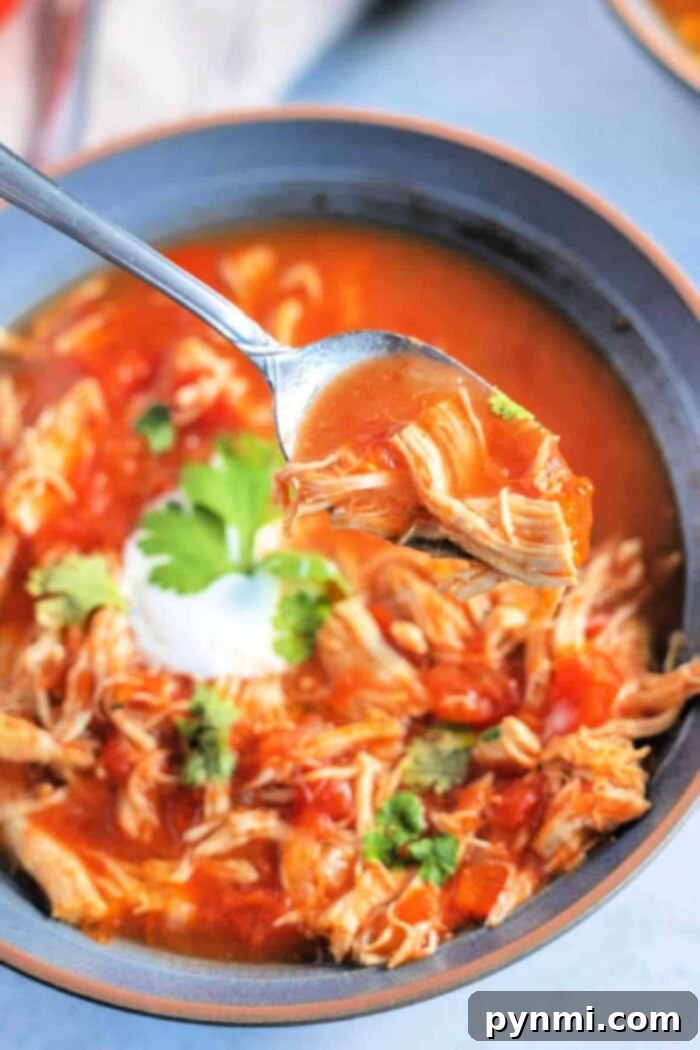 A heartwarming bowl of chicken fajita soup with a spoon lifting a portion, showcasing its rich texture and inviting flavors.
