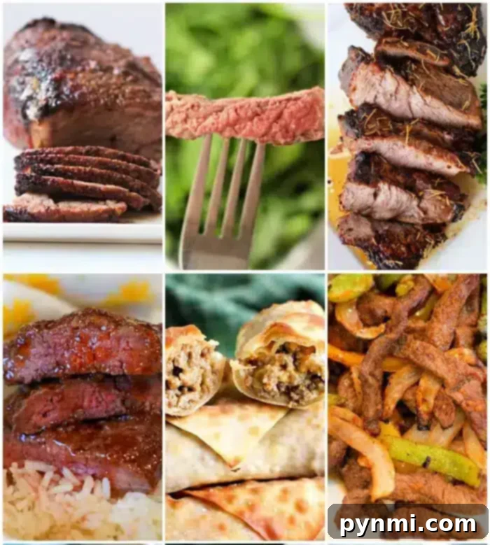 A visually appealing collage of six distinct beef dishes, perfect for air fryer enthusiasts. The top-left image displays thinly sliced roast beef, while the top-middle shows a fork lifting a piece of perfectly medium-rare steak. The top-right captures a grilled beef steak. The bottom-left presents air fryer beef served over rice, the bottom-middle showcases savory beef-stuffed wraps, and the bottom-right features a colorful beef stir-fry with mixed vegetables.