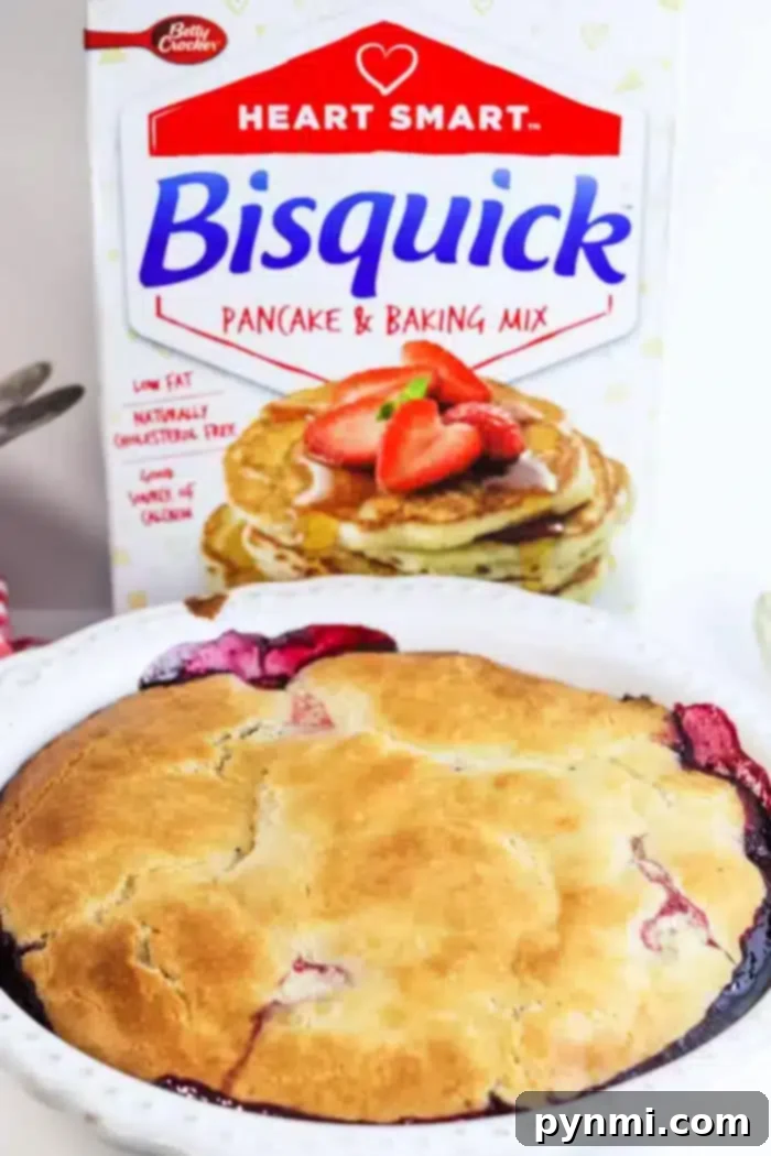 Effortless 5-Ingredient Bisquick Blackberry Cobbler 6 A freshly baked blackberry cobbler sits invitingly in front of a box of Bisquick Heart Smart Pancake & Baking Mix. The golden brown crust reveals juicy fruit beneath, while the box showcases fluffy pancakes topped with strawberries.