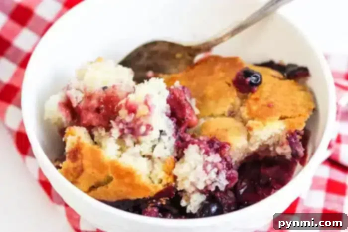 Effortless 5-Ingredient Bisquick Blackberry Cobbler 7 A white bowl holds a serving of blackberry cobbler with a golden crust made with Bisquick. A spoon is nestled in the bowl, which rests on a red and white checkered cloth.