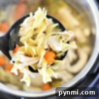 A ladle holding instant pot chicken noodle soup with frozen chicken and carrots hovers over a pot.
