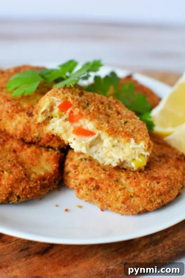 A white plate holding a stack of golden-brown, air fryer crab cakes garnished with fresh parsley. One crab cake on top has a bite taken out, revealing a mixture of crab meat and diced vegetables inside. A lemon wedge is placed beside the stack.