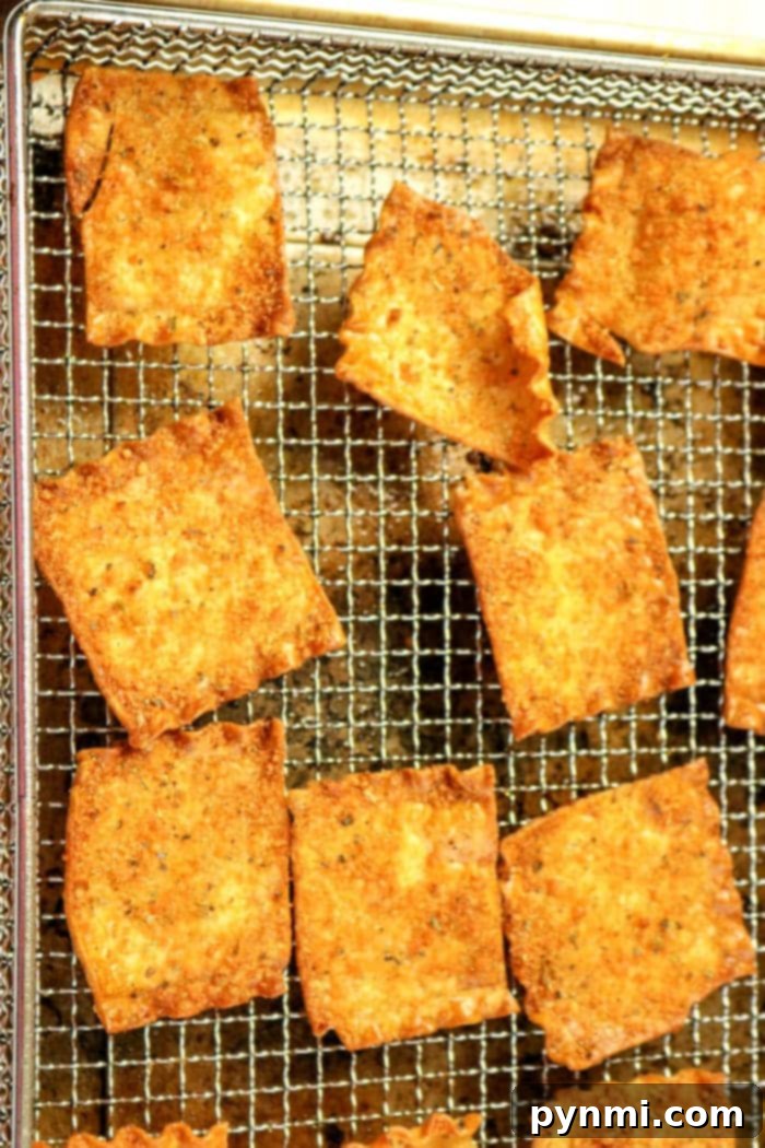 A close-up view of golden-brown, crispy pasta chips cooling on a metal wire rack. These uniformly square bites, with some displaying a jagged edge on one side, were crafted in an air fryer. The wire rack is situated on a light surface.