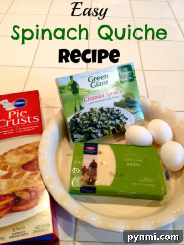 Savory Spinach Bites 2 Ingredients for an easy mini quiche recipe: pie crust, creamed spinach, Swiss cheese, and eggs neatly arranged on a kitchen counter.