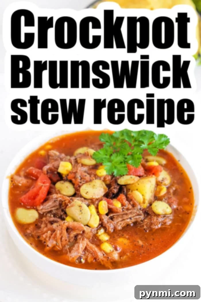Soul-Soothing Slow Cooker Brunswick Stew 10 A Crockpot brimming with freshly cooked Brunswick Stew, ready to be served, showcasing the rich color and hearty ingredients.