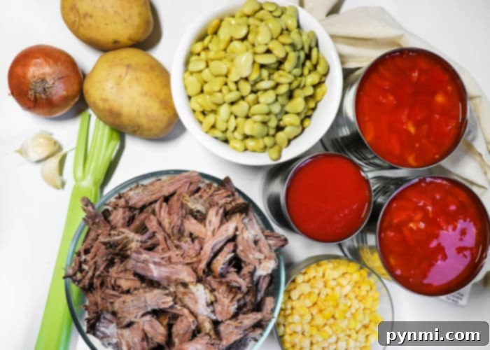 Soul-Soothing Slow Cooker Brunswick Stew 3 Close-up of how to make Brunswick stew, showing a rich, simmering mix of tender meat, various vegetables, and a vibrant tomato base in a slow cooker.