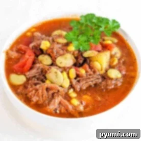 A bowl of slow cooker Brunswick stew, garnished with fresh parsley, showing tender meat, corn, and lima beans.