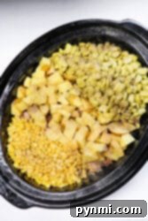 A slow cooker filled with all the uncooked ingredients for Brunswick Stew, including corn, lima beans, diced potatoes, and seasonings, ready to cook.