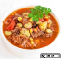 A bowl of slow cooker Brunswick stew, ready to serve, with tender meat, corn, and lima beans visible, garnished with fresh parsley.