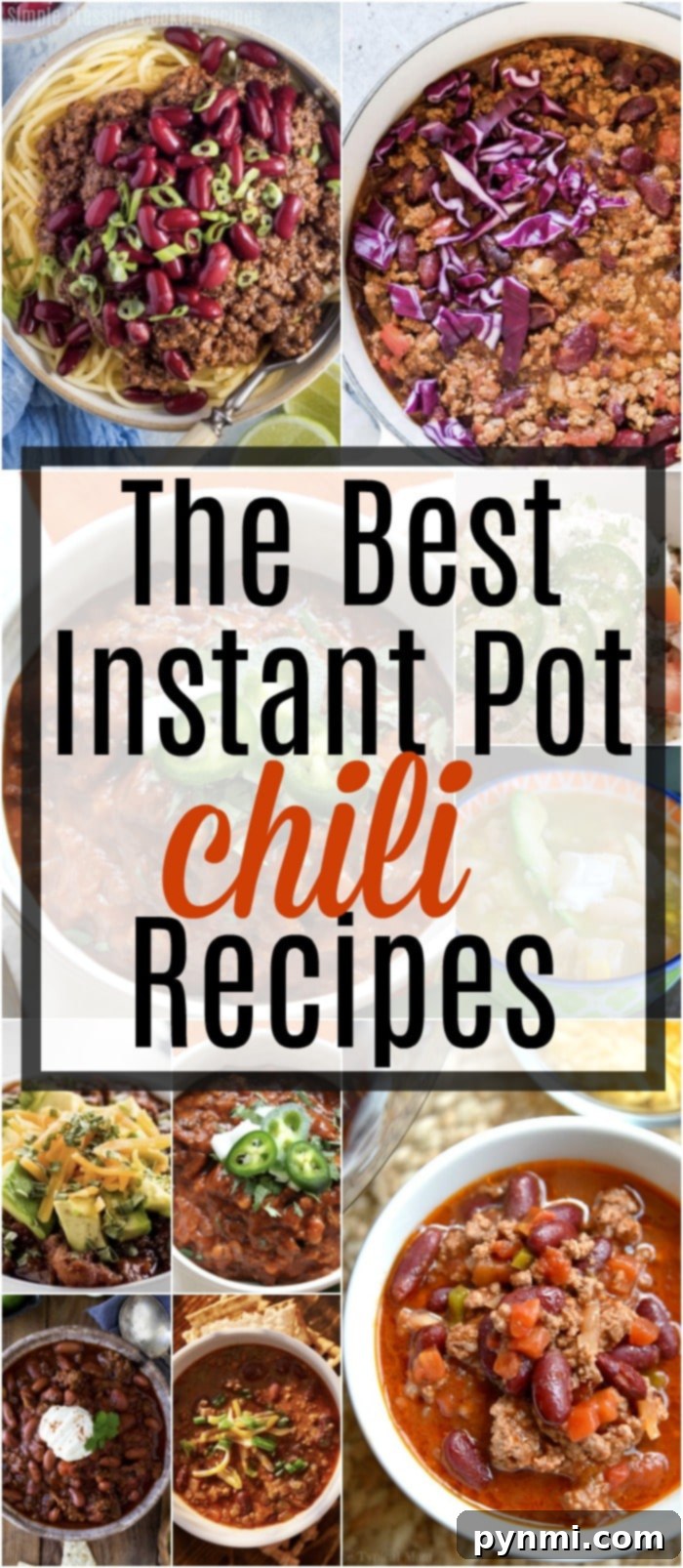 A vibrant bowl of Instant Pot chili, rich with beans, meat, and spices, topped with a dollop of sour cream and fresh herbs.