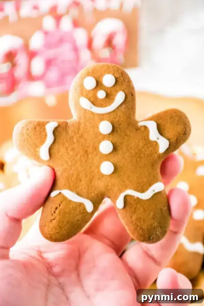 A hand holds a gingerbread cookie, crafted from spiced gingerbread dough, shaped like a person and adorned with white icing for eyes, mouth, buttons, and outlines. Other similar cookies softly blur into the background.