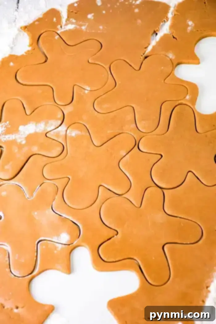 Close-up of rolled-out gingerbread dough with flower-shaped cutouts. The dough is light brown with a few flour patches on the surface. Some cutouts are fully formed, while others remain connected to the surrounding dough.