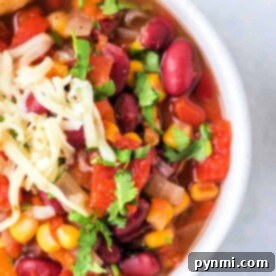 A hearty bowl of Instant Pot vegetarian chili with kidney beans, corn, diced tomatoes, shredded cheese, and fresh cilantro.