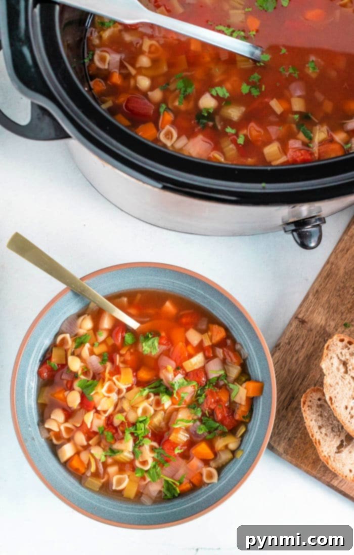 Cozy Slow Cooker Minestrone 2 Healthy Crockpot Soup - A vibrant bowl of minestrone soup with various vegetables and pasta, perfect for a healthy slow cooker meal.