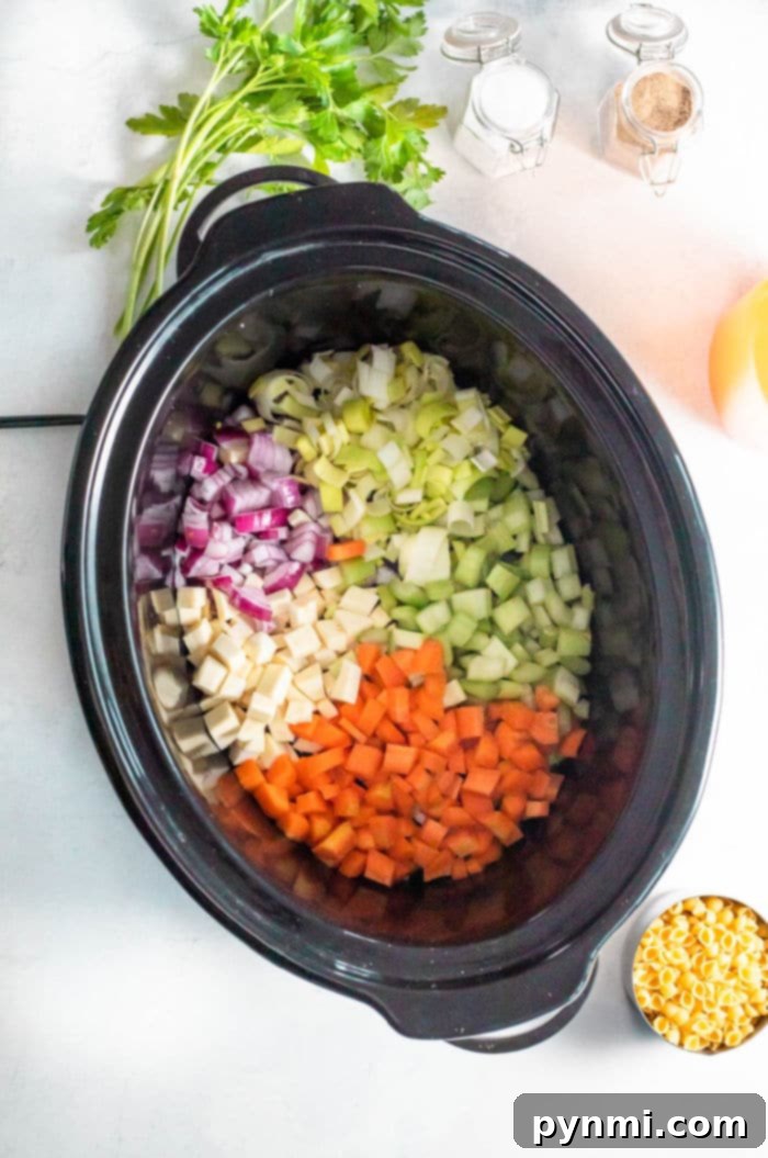 Cozy Slow Cooker Minestrone 5 VEGETABLE SOUP SLOW COOKER - A generously filled bowl of healthy vegetable minestrone soup, garnished with fresh herbs, ready to be enjoyed.