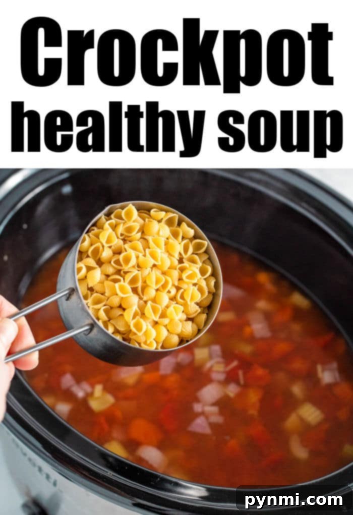 Cozy Slow Cooker Minestrone 6 healthy soup slow cooker - Freshly made minestrone soup in a slow cooker, ready to be served.