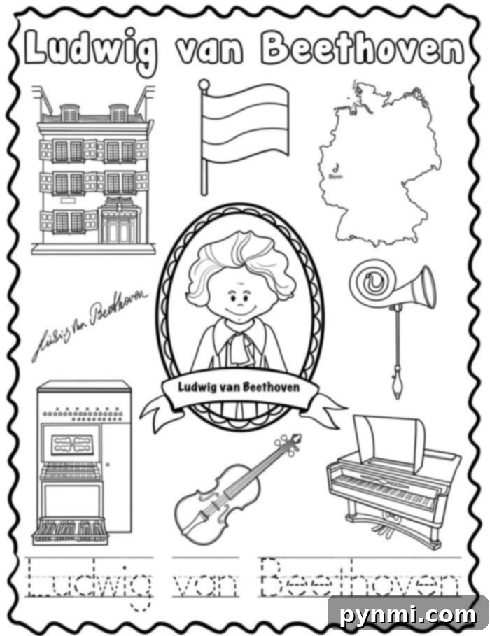 Detailed Beethoven composer coloring page for young artists