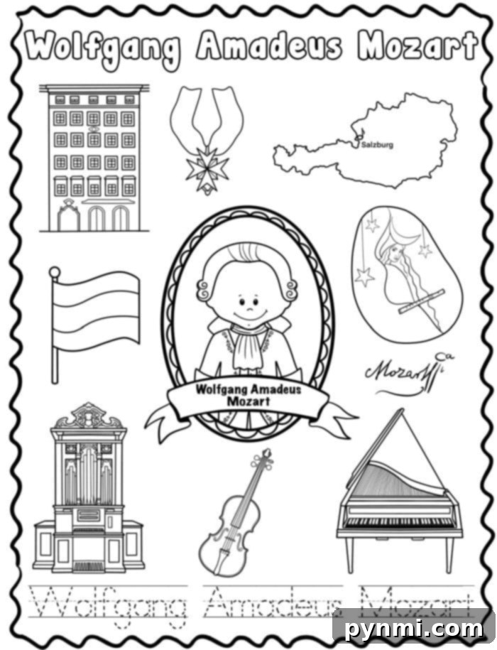 Wolfgang Amadeus Mozart composer coloring page for children's activities