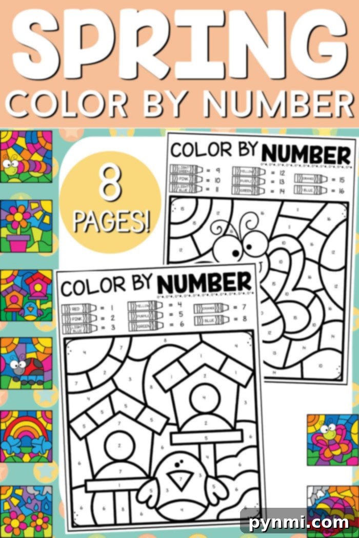 Blooming Spring Number Coloring Fun 2 Collection of Spring Color by Number printables featuring various themes like flowers and animals.