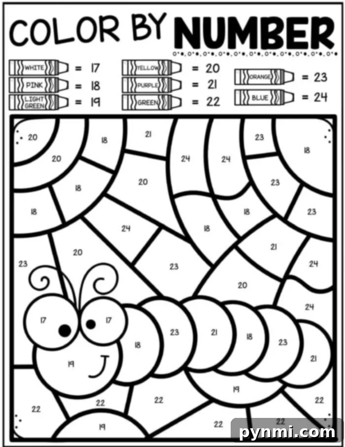 Blooming Spring Number Coloring Fun 4 A vibrant spring coloring page featuring a whimsical caterpillar that can be colored by number, enhancing counting and color matching skills.