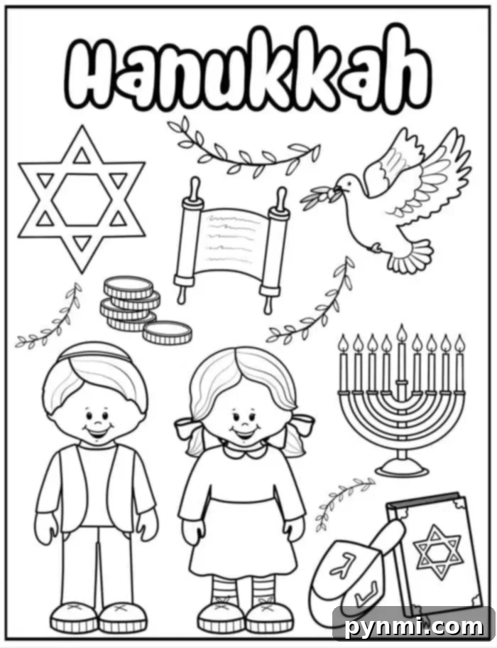 Vibrant Hanukkah-themed coloring page featuring a Star of David, coins, Torah scroll, a peaceful dove with an olive branch, a menorah, a dreidel, a wrapped gift, and two smiling children in traditional attire. The word "Hanukkah" is prominently displayed at the top, inviting creative coloring.