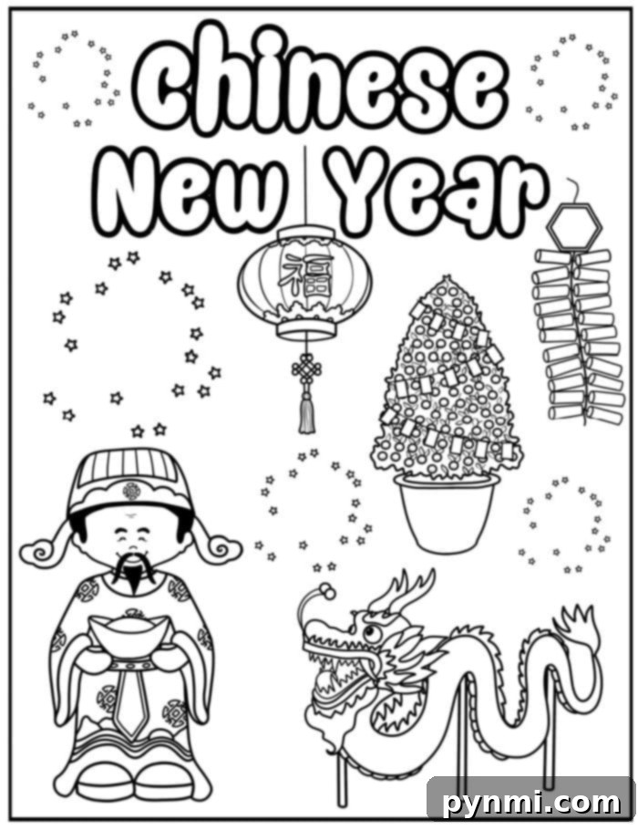 A festive free Chinese New Year coloring page for kids, featuring a magnificent dragon, a traditional lantern, and lucky coins, perfect for celebrating the Lunar New Year with creativity.