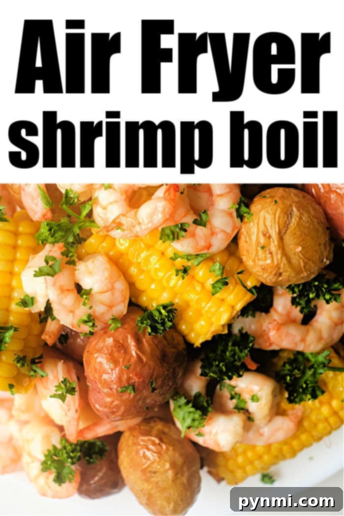 Air Fryer Seafood Boil Twist 8 A large serving bowl filled with a fresh air fryer shrimp boil, featuring perfectly cooked shrimp, potatoes, and corn, ready to be enjoyed by a group.