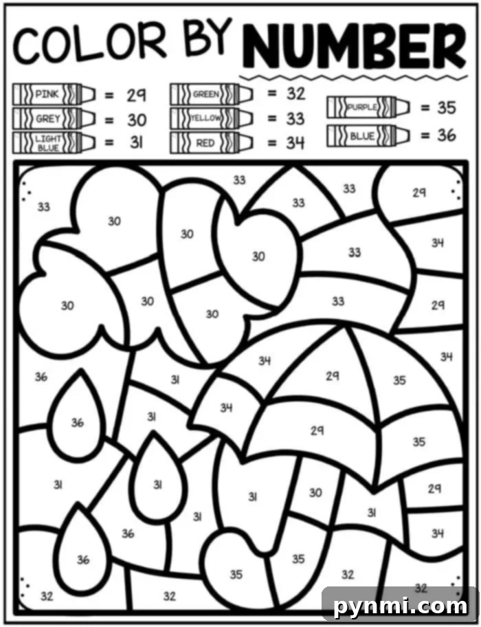 Free Weather Coloring Printables 5 Explore our weather coloring pages with a delightful color-by-number design showcasing raindrops, clouds, and umbrellas. Use the numbers to bring it to life: pink (29), grey (30), light blue (31), green (32), yellow (33), red (34), purple (35), and blue (36).
