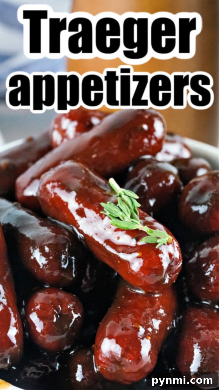 Traeger Smoked Bites 2 A pile of glazed sausages garnished with fresh herbs is displayed, boldly labeled as Traeger Appetizers.