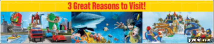 Banner showing '3 Great Reasons to Visit!' The left image depicts a theme park like Legoland with various rides, the center image features an aquarium with a large shark and divers, and the right image shows a waterpark with slides and people enjoying the water.
