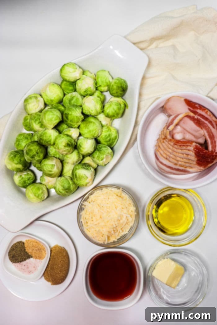Close-up of fresh brussel sprouts and crispy bacon, ingredients for slow cooker recipe.