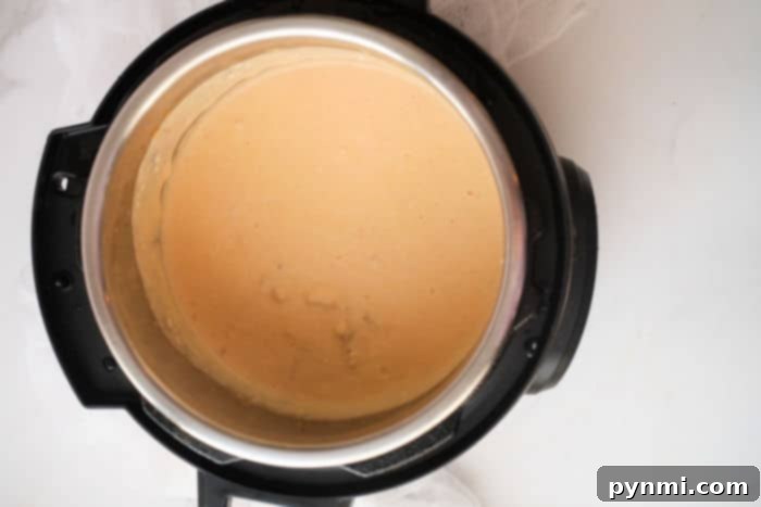 A close-up shot of hot, bubbly Buffalo Chicken Dip, still in the metal pot, showing its creamy texture and inviting warmth, garnished lightly with fresh herbs.