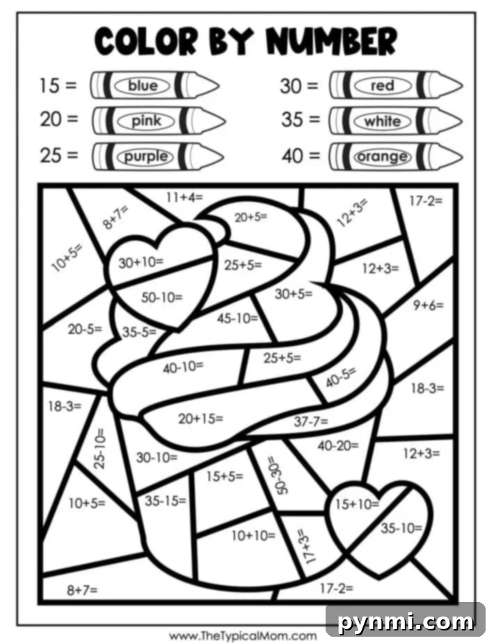 Free Printable Valentine's Day Color by Number Cupcake