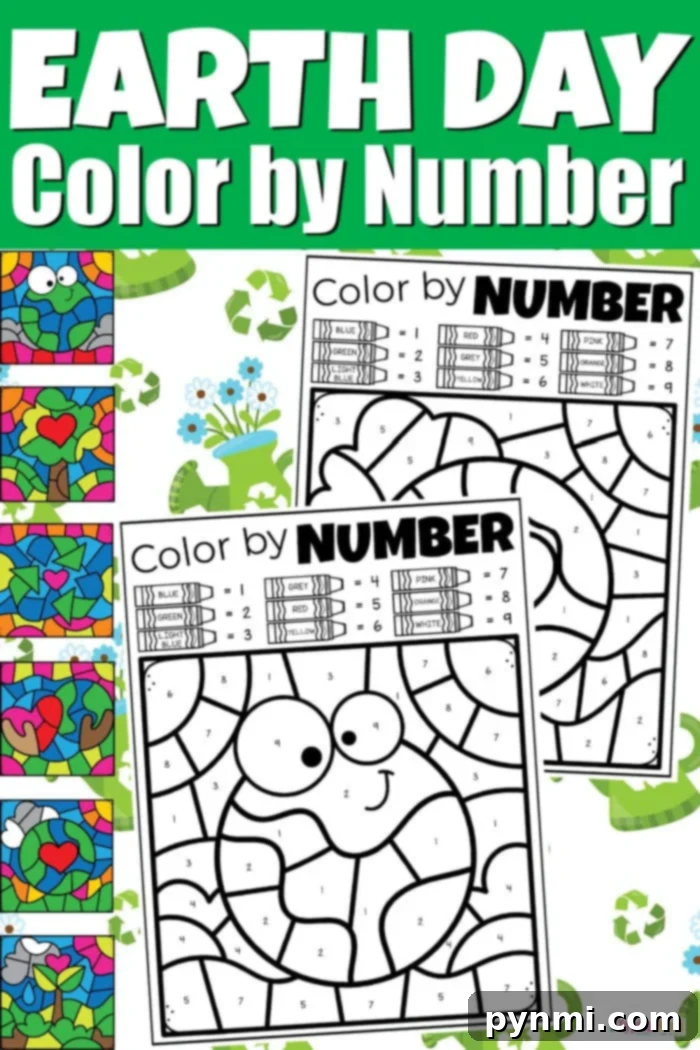 A vibrant display of six Earth Day color by number coloring pages, featuring environmental themes like recycling, nature, and planet Earth, designed for kids to learn about environmental care.