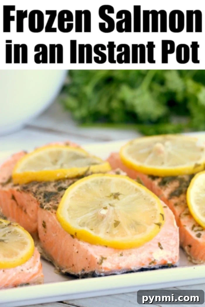 Mastering Tender Frozen Meat 14 Perfectly cooked Instant Pot Frozen Salmon, garnished with fresh herbs and a lemon slice.
