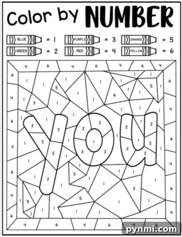 Sight Word Coloring Page featuring the word YOU in large letters. The areas are numbered with instructions at the top, assigning colors: blue (1), green (2), purple (3), red (4), orange (5), yellow (6).