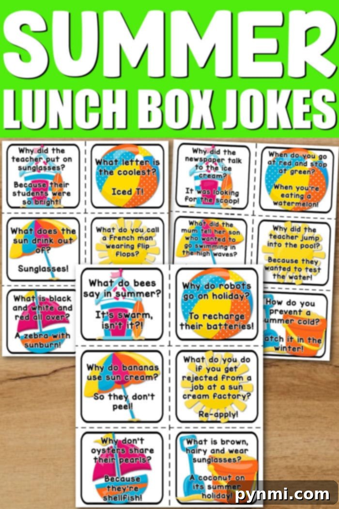 Lunchbox Laughs for Little Ones 3 A vibrant collection of summer-themed lunch box jokes for kids is charmingly arranged on a wooden surface, ready for fun.