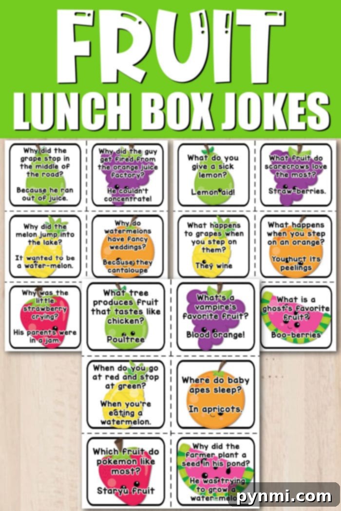 Lunchbox Laughs for Little Ones 4 Colorful lunch box jokes for kids featuring various fruits and playful puns are arranged on a bright green background.